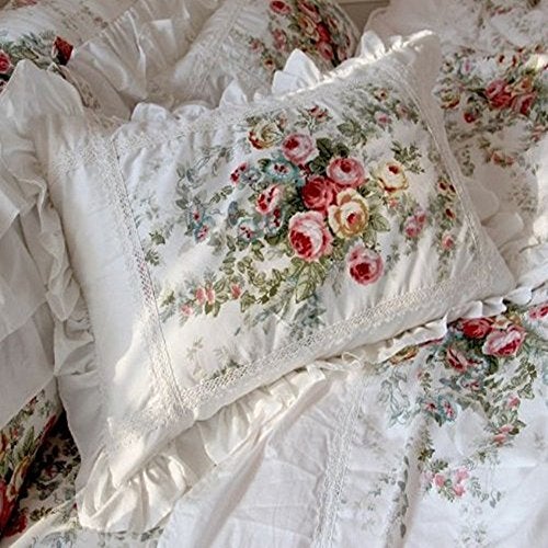 FADFAY Farmhouse Bedding Elegant and Shabby Vintage Rose Floral Duvet Cover Bedskirt Lovely White Lace and Ruffle Style Exquisite Craft 100% Cotton,Full Size 4-Pieces - Image 5