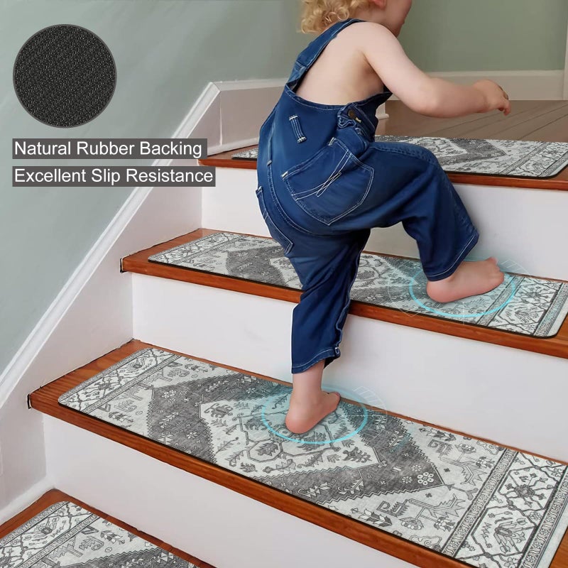 OJIA Extra Non-Slip Stair Treads for Wooden Steps, 30"X8" Indoor Stair Runners Slip Resistant Stair Rugs Safety Mats for Dogs, Kids & Elders, Rubber Backed Stair Treads Stair Covers (15PC, Gray) - Image 2