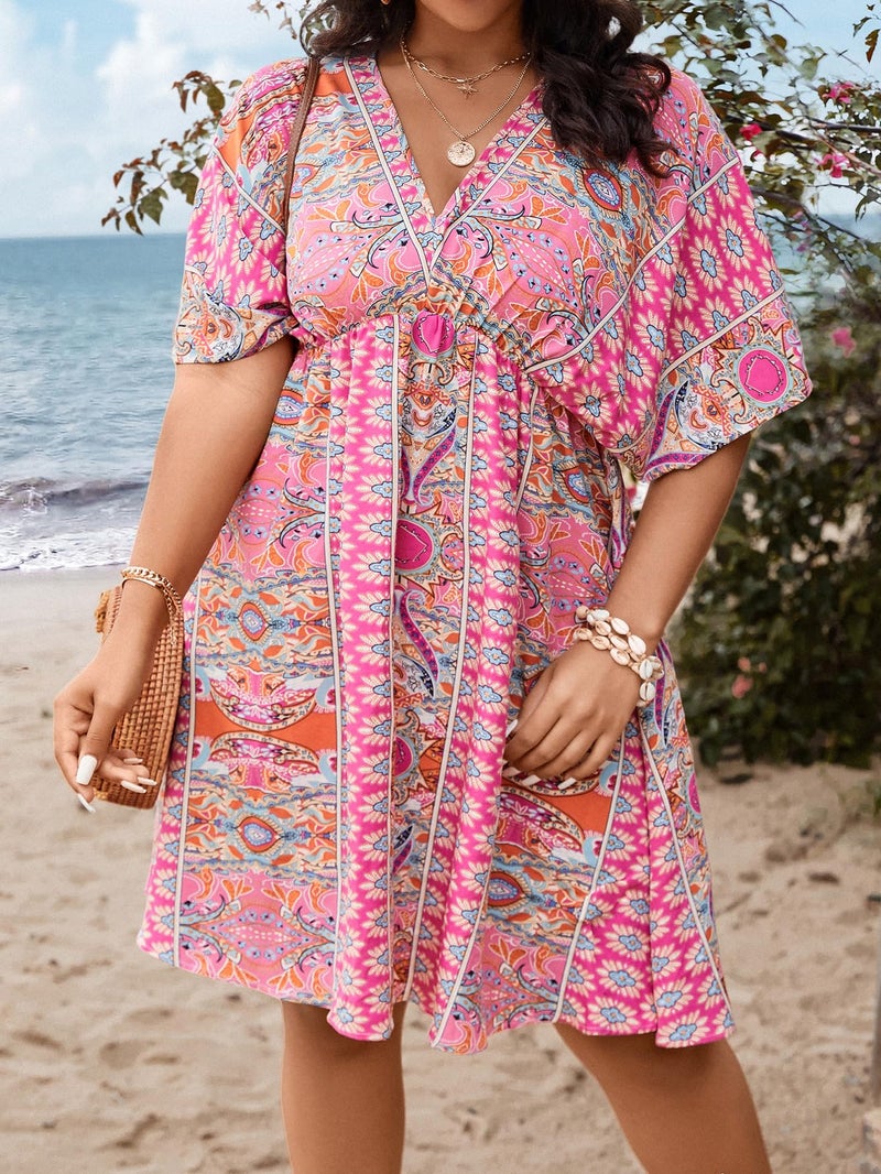 Floerns Women's Plus Size Wrap V Neck Short Sleeve Ruffle Hem A Line Short Dress Pink Tribal 1XL - Image 3