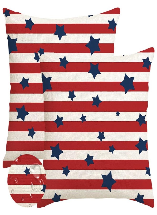 RABUSOFA 4th of July Outdoor Pillow Covers 18x18 Inch Set of 2,Waterproof Patriotic Star Stripe Decor Red White and Blue Independence Memorial Day Cushion Case Decoration for Sofa Patio - Image 1