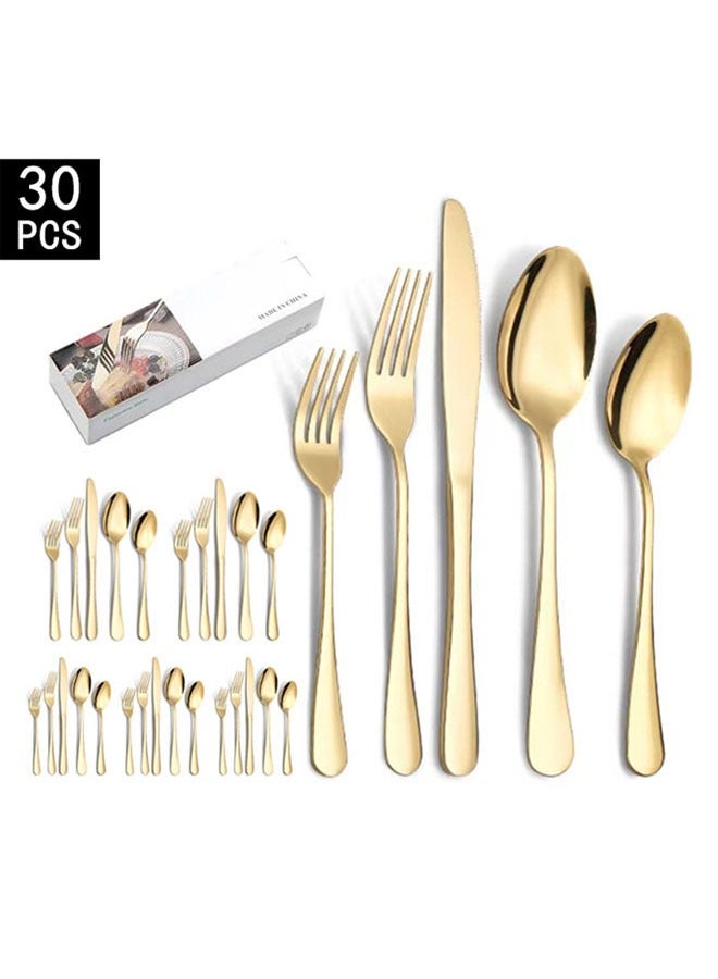 Hanayo طقم أدوات مائدة مكون من 30 قطعة لطاولة 6 أشخاص من الفولاذ المقاوم للصدأ مع سكاكين وملاعق وشوك (ذهبي) - Image 2