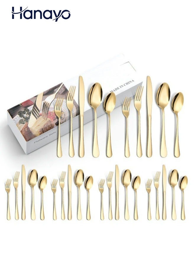 Hanayo طقم أدوات مائدة مكون من 30 قطعة لطاولة 6 أشخاص من الفولاذ المقاوم للصدأ مع سكاكين وملاعق وشوك (ذهبي) - Image 1