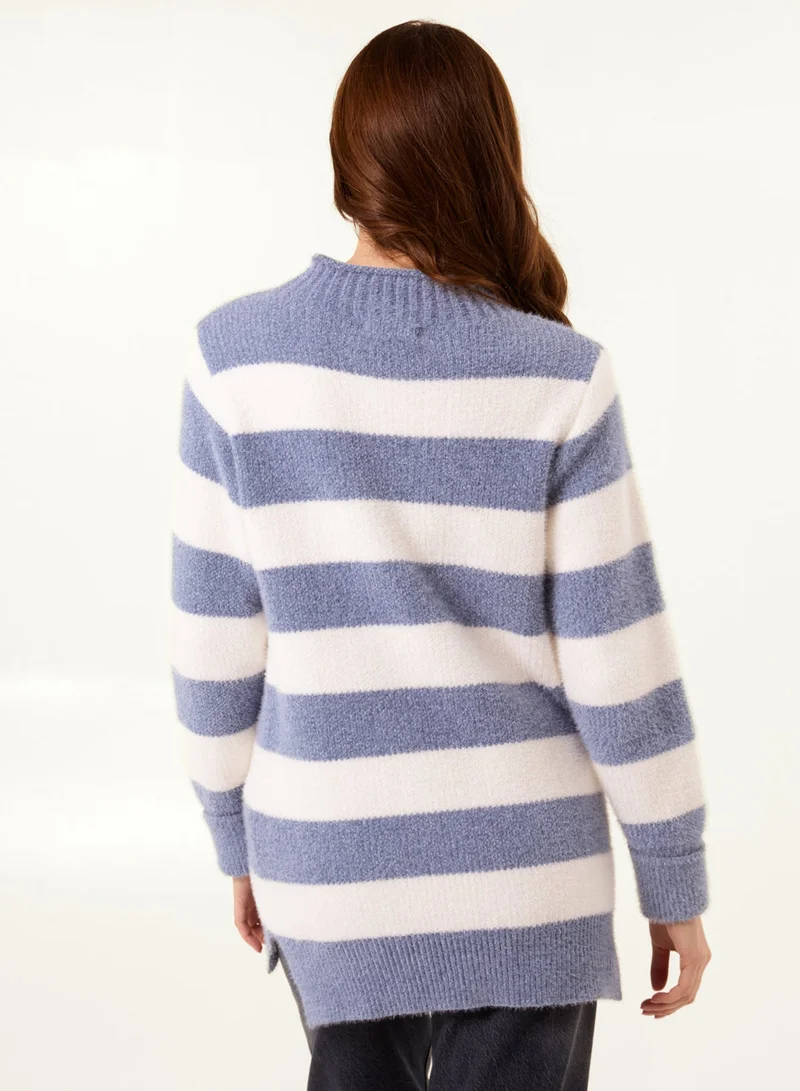 Blue Vanilla High Neck Striped Jumper