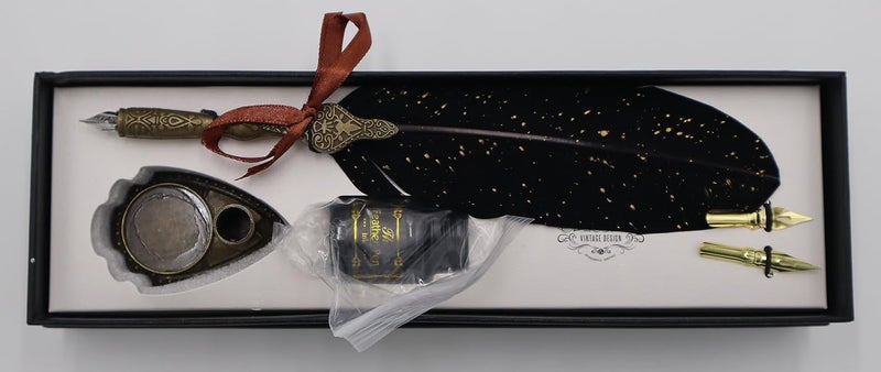 Mforall Feather Pen Set with Ink Bottle and Pen Stand, Antique Calligraphy Writing Quill Dip Pen, 2 Replacement Nibs, Unique Vintage Luxury Pen Gift Sets (Black) - Image 4
