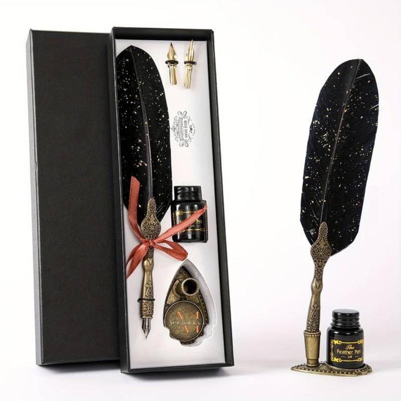 Mforall Feather Pen Set with Ink Bottle and Pen Stand, Antique Calligraphy Writing Quill Dip Pen, 2 Replacement Nibs, Unique Vintage Luxury Pen Gift Sets (Black) - Image 1