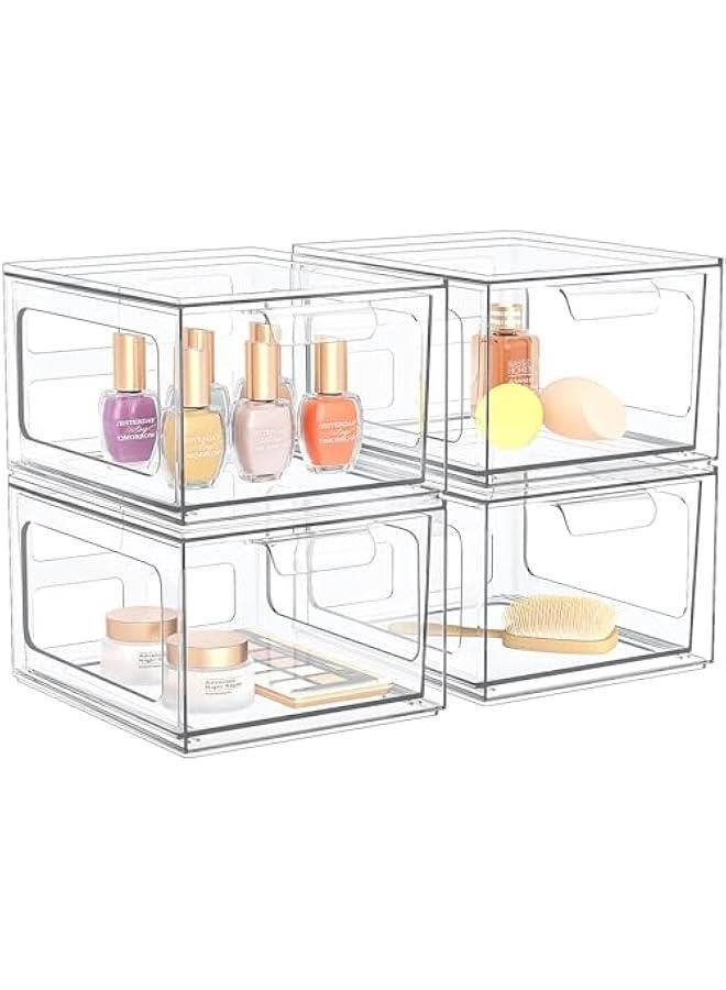 Arabest 4 Pack Stackable Plastic Makeup Organizer Drawers, Acrylic Organizers, Clear Storage Bins with Pull-Out Handles for Vanity, Kitchen Cabinets, Pantry  - Image 1