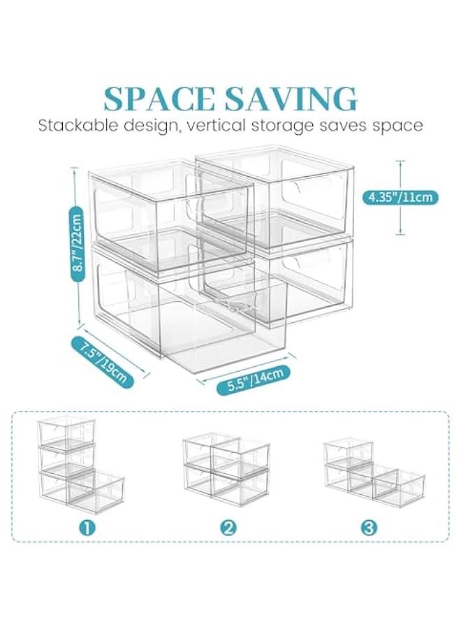 Arabest 4 Pack Stackable Plastic Makeup Organizer Drawers, Acrylic Organizers, Clear Storage Bins with Pull-Out Handles for Vanity, Kitchen Cabinets, Pantry  - Image 3