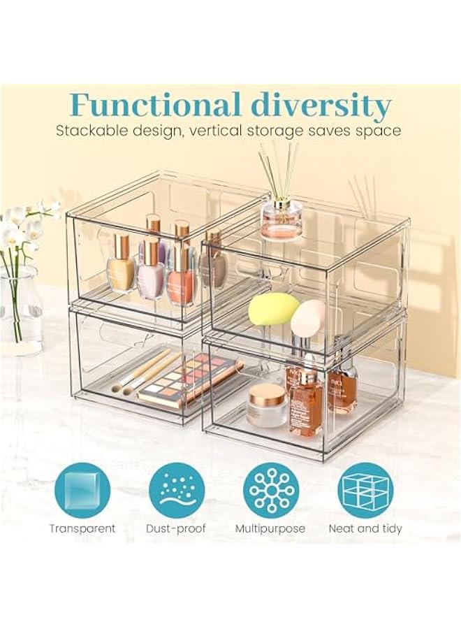 Arabest 4 Pack Stackable Plastic Makeup Organizer Drawers, Acrylic Organizers, Clear Storage Bins with Pull-Out Handles for Vanity, Kitchen Cabinets, Pantry  - Image 5