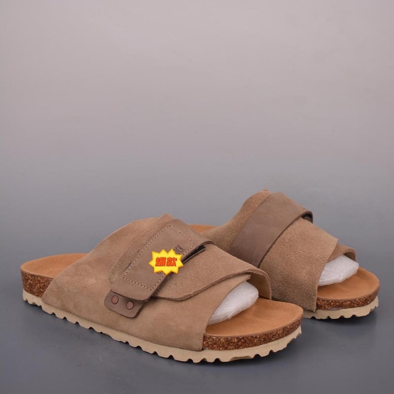 585080800552 Unisex Cork Slide Sandals with Cowhide Upper, Anti-Slip Rubber Sole, Breathable Summer Slippers for Men and Women - Image 3