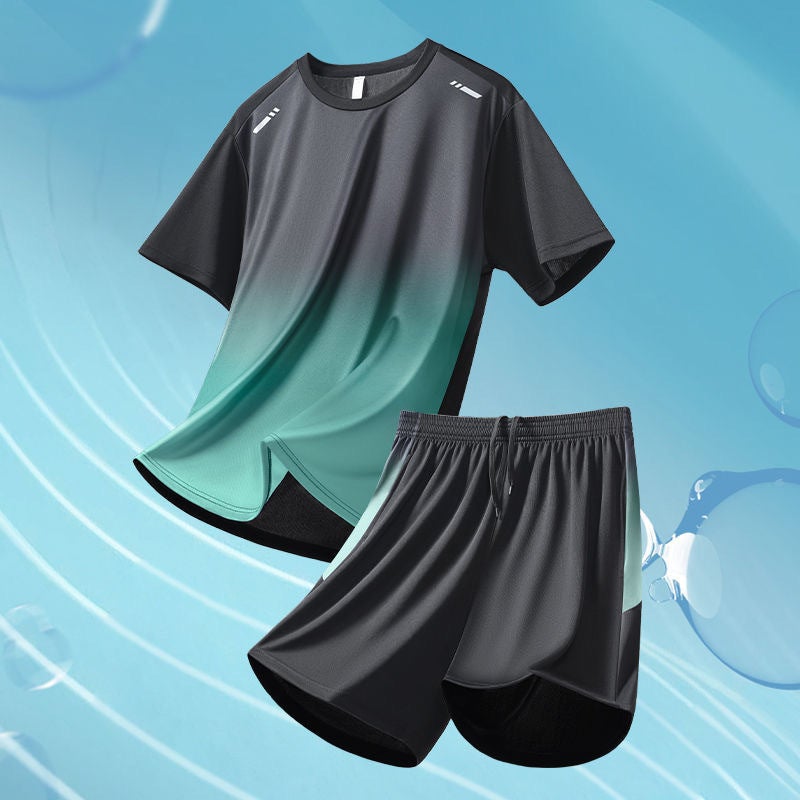 Generic 2025 Summer Thin Ice Silk Breathable Sports suit Outdoor Fitness plus size Morning Running Mens and Womens Running Quick-drying Z01 suit green 