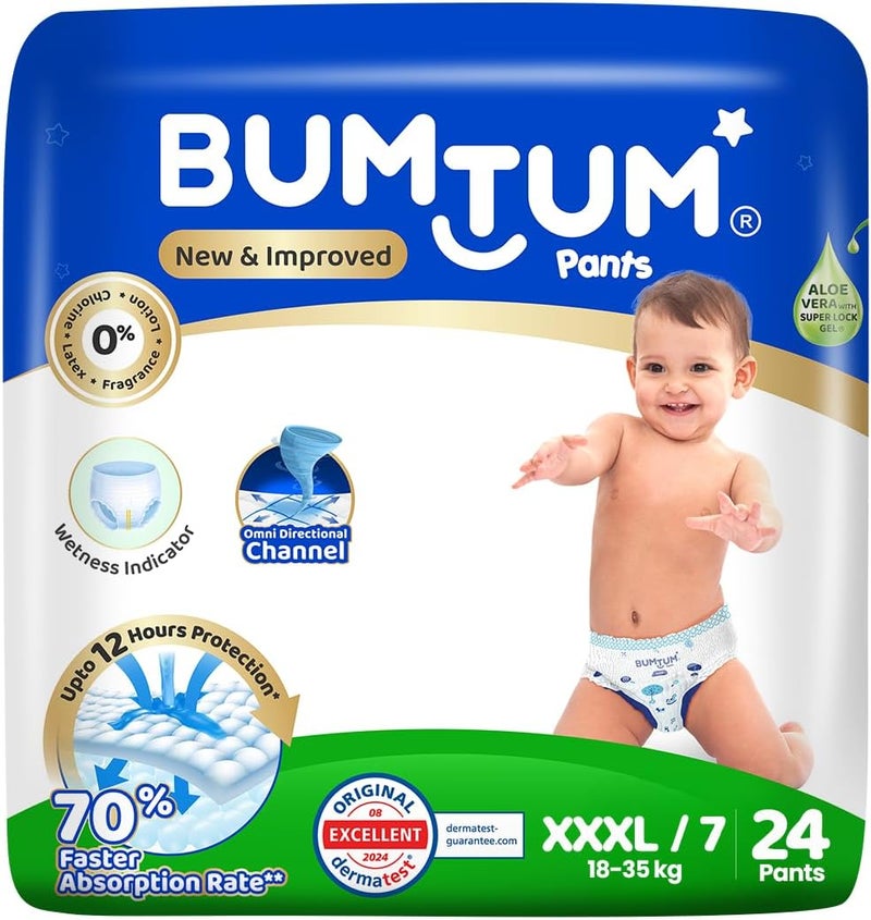 Bumtum Baby Diaper Pants, XXXL (Size 7), 18-35 kg, Double Layer Leakage Protection Infused with Aloe Vera, Cottony Soft High Absorb Technology, 24 Diaper - Image 1