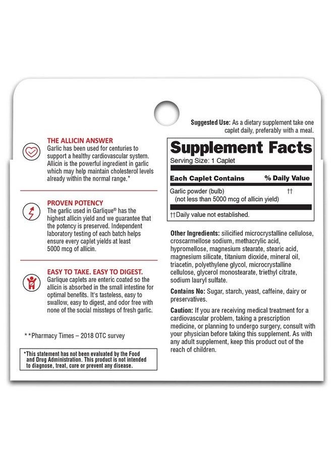 Garlique - Healthy Cholesterol Formula With 5000 Mcg Of Allicin 60 Enteric Coated Caplets (Pack Of 3) - Image 1