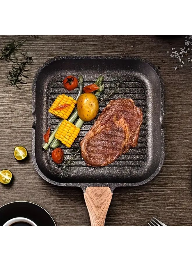 1PC 24cm 9.4in Non Stick Square Griddle Pan With Spill Proof Handle Black Heavy Duty Aluminum Construction Granite Coating Dishwasher Safe - Image 2