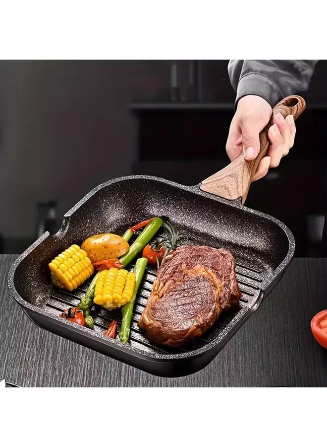 1PC 24cm 9.4in Non Stick Square Griddle Pan With Spill Proof Handle Black Heavy Duty Aluminum Construction Granite Coating Dishwasher Safe - Image 1