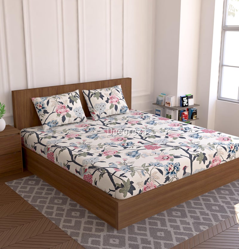 DECOREZA Soft Cotton Feel All Around Deep Pocket Fitted 300 TC Floral Bedsheets King Size, Elastic Fitted Bedsheets King Size for Double Bed with 2 Pillow Covers, Size- 78" x 72" (Greyish Teal) - Image 3