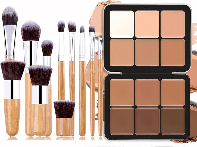 Joyeee 12 Colors Cream Contour Palette LongWearing Full Coverage Contour Foundation Concealer Palettes 11 Pcs Bamboo Makeup Brushes Face Make Up Gift for Women Girls