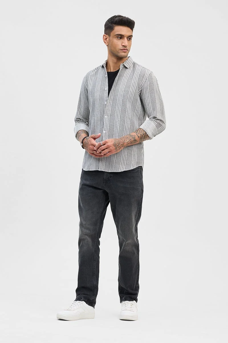 SNITCH Charcoal Grey Striped Long Sleeve Slim Fit Casual Shirt