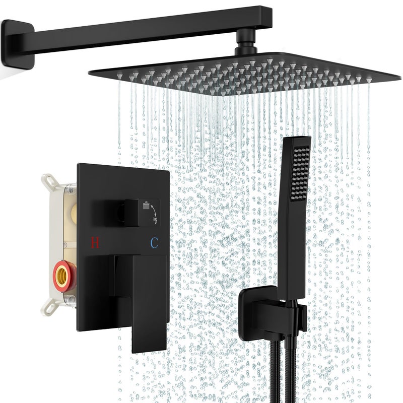 FPXRNG Black Shower Faucet Set, Rainfall Shower System with Square Shower Head and Handle Set, Wall Mounted Shower Fixtures, Full Metal Trim Repair Kit 10 inch Matte Black (With Shower Valve) - Image 1