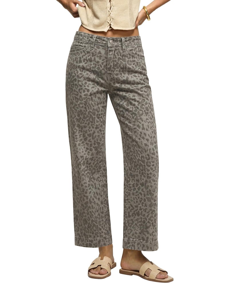 luvamia Wide Leg Jeans Woman Trendy High Waisted Leopard Cheetah Print Ankle Length Stretchy Denim Pants with Pockets Gray Leopard Size X-Large US Size 16 18 - Image 1