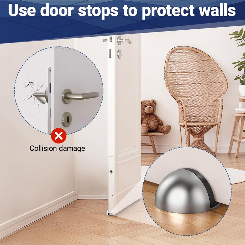 Mindow Self Adhesive Door Stoppers, Stainless Steel No Drill Rubber Floor Door Stop, Half Dome Adhesive Wall Protector for Bedroom Living Room Bathroom Office (2, Bright) - Image 3