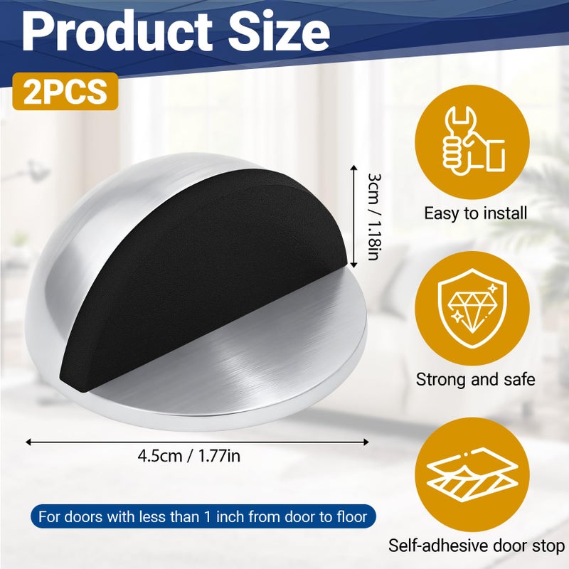 Mindow Self Adhesive Door Stoppers, Stainless Steel No Drill Rubber Floor Door Stop, Half Dome Adhesive Wall Protector for Bedroom Living Room Bathroom Office (2, Bright) - Image 2