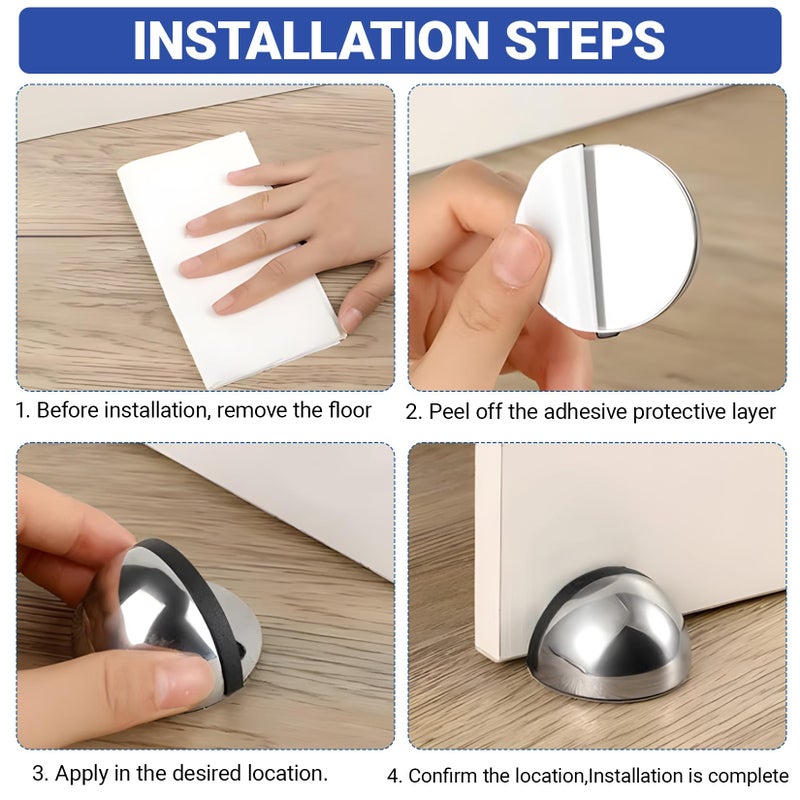 Mindow Self Adhesive Door Stoppers, Stainless Steel No Drill Rubber Floor Door Stop, Half Dome Adhesive Wall Protector for Bedroom Living Room Bathroom Office (2, Bright) - Image 5