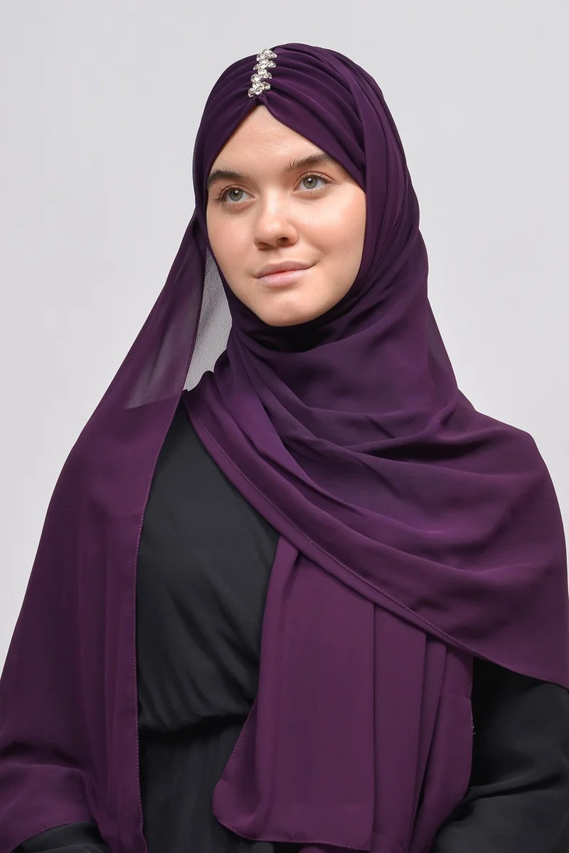 التوبة Elegant Stone Draped Ready Practical Chiffon Hijab Shawl-Dark Plum