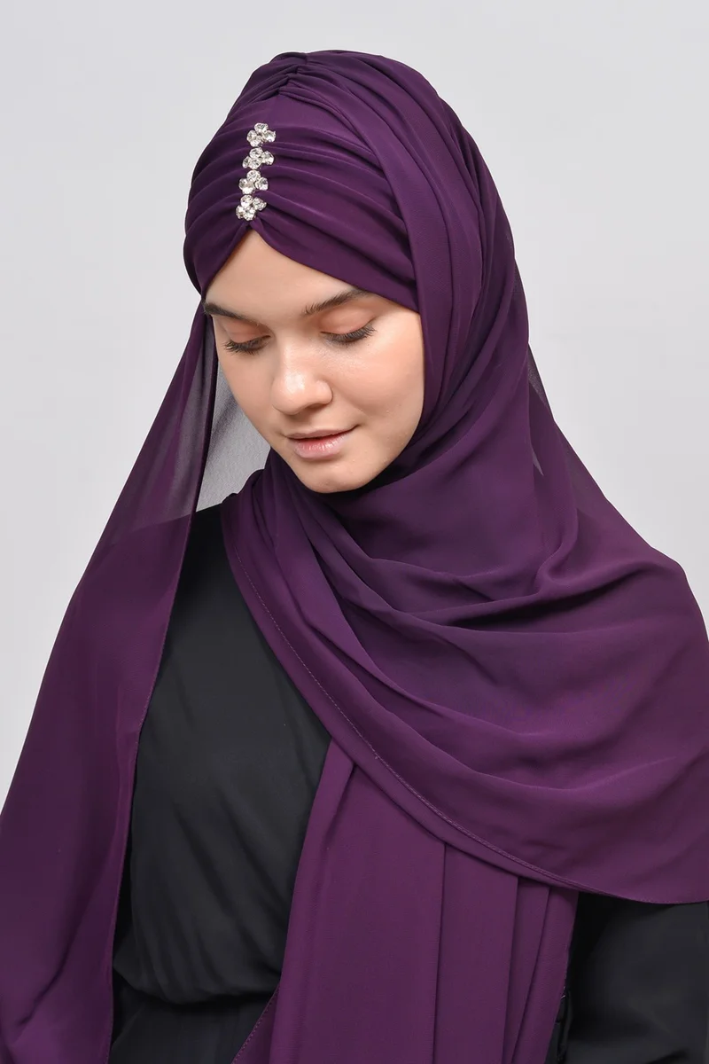 التوبة Elegant Stone Draped Ready Practical Chiffon Hijab Shawl-Dark Plum