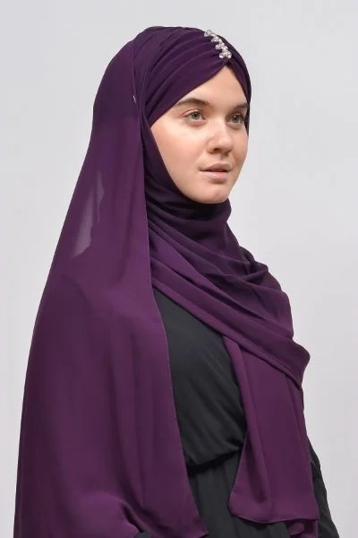 التوبة Elegant Stone Draped Ready Practical Chiffon Hijab Shawl-Dark Plum