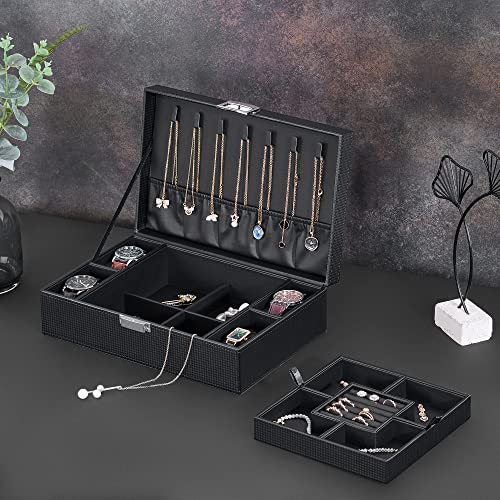 BEWISHOME Mens Jewelry Box Organizer, Jewelry Box for Men Women with 4 Watch Case Removable Tray, Jewelry Display Storage Case, Carbon Fiber Design Earring Ring Bracelet Case, Black SSH07C - Image 2