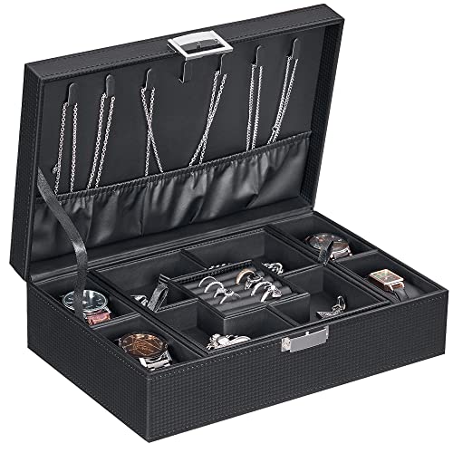 BEWISHOME Mens Jewelry Box Organizer, Jewelry Box for Men Women with 4 Watch Case Removable Tray, Jewelry Display Storage Case, Carbon Fiber Design Earring Ring Bracelet Case, Black SSH07C - Image 1