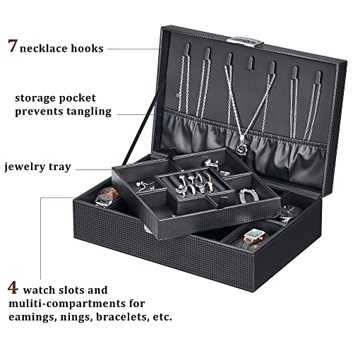 BEWISHOME Mens Jewelry Box Organizer, Jewelry Box for Men Women with 4 Watch Case Removable Tray, Jewelry Display Storage Case, Carbon Fiber Design Earring Ring Bracelet Case, Black SSH07C - Image 5