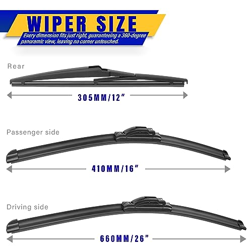 Rooppa 3 wipers Replacement for 2019-2022 2023 Toyota rav4/2006-2015 Mazda 5, Windshield Wiper Blades Original Equipment Replacement - 26"/16"/12" (Set of 3) U/J HOOK - Image 2