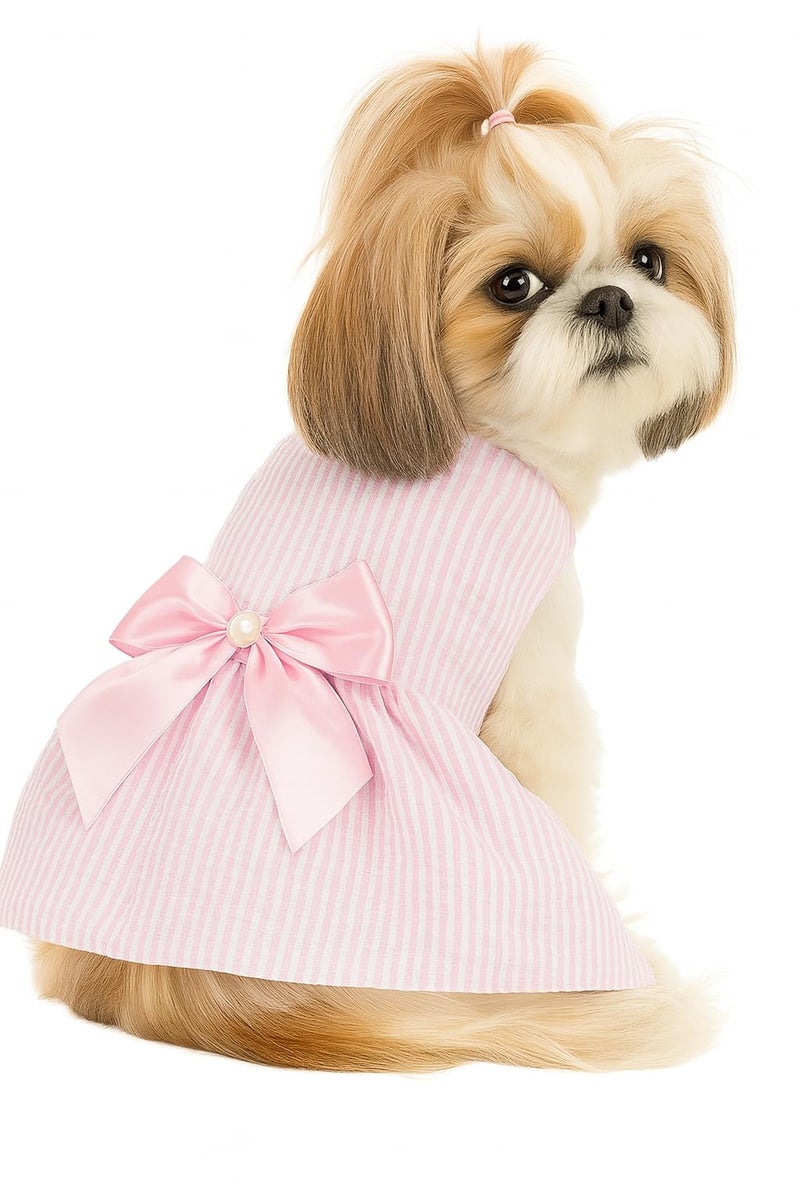 KUTKUT cotton Small Dog Dress Girl Puppy Clothes Female Princess Tutu Striped Skirt Summer Shirt for Shihtzu, Pug, Poodle Cat Pet Apparel Outfits (Size: 2XL, Chest: 55cm, Length: 45cm, pink, 1 count) - Image 1