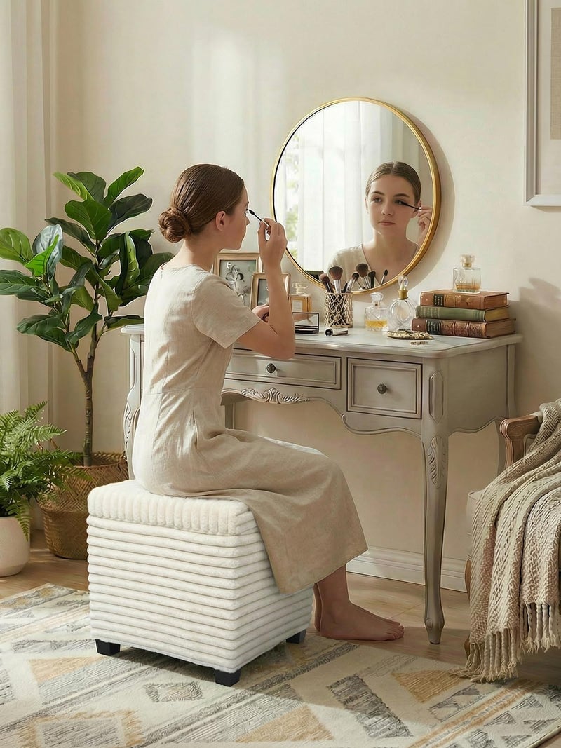 ABHENG 17.7 inches Faux Fur Ottomans Cube with Legs, Metal Framed Vanity Stool Chair Storage Ottoman Foot Rest Stool, Holds 770 LB for Dorm Living Room Bedroom White UASND644W - Image 2