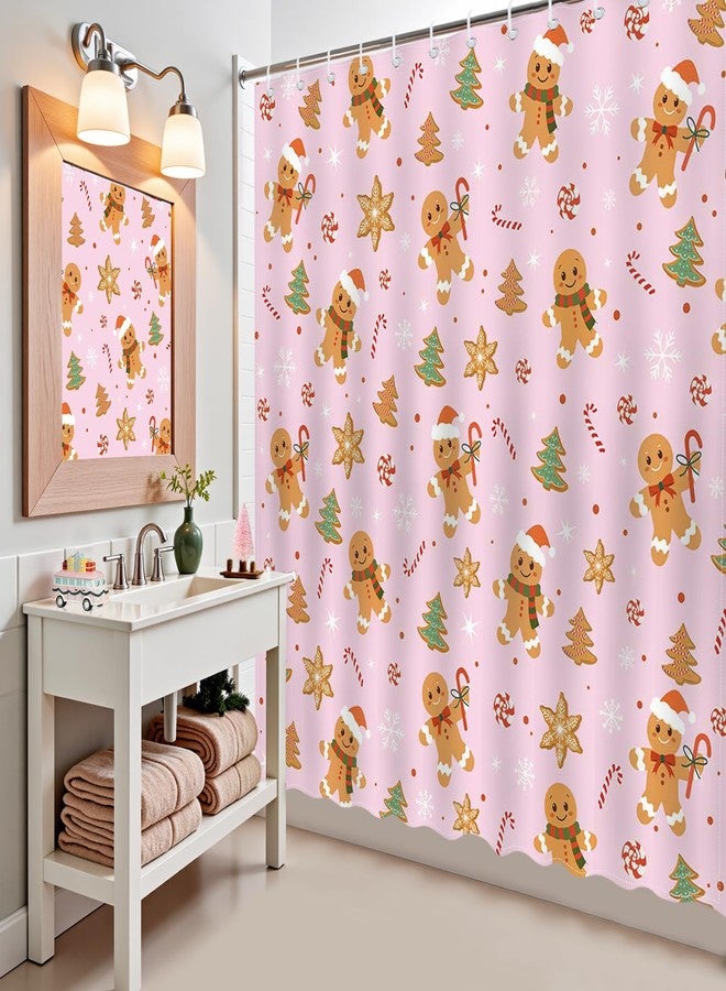 Mocsicka Pink Christmas Shower Curtain Cute Gingerbread Man Bathroom Shower Curtain Candy Cane Shower Curtains Bathtub Decor with 12 Hooks 72 X 72 Inches - Image 4