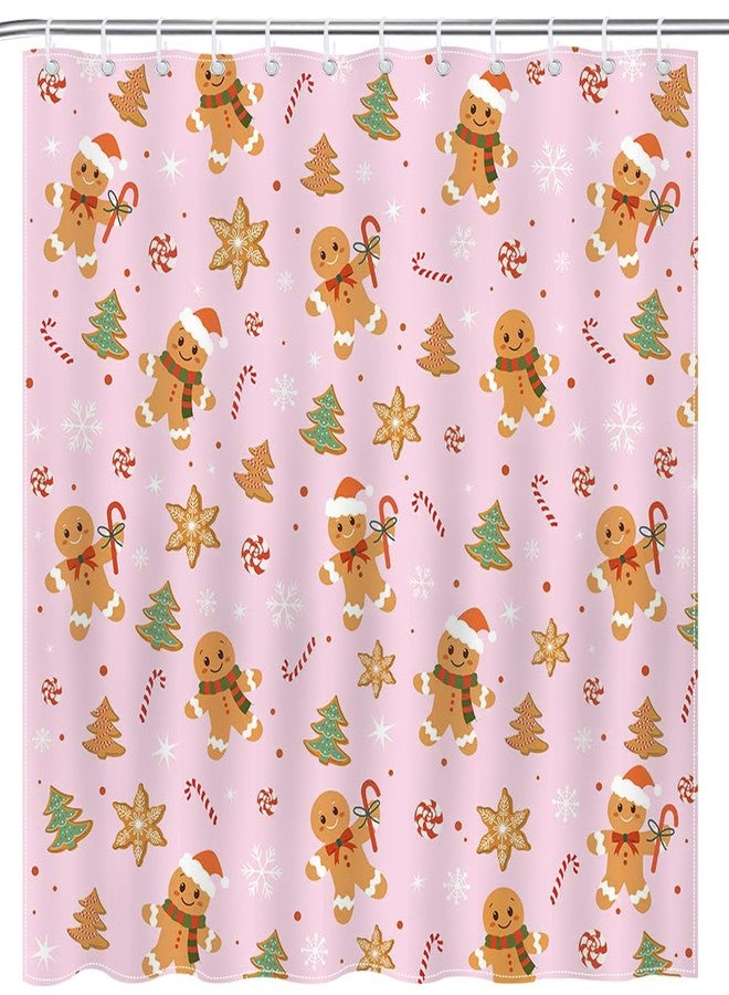 Mocsicka Pink Christmas Shower Curtain Cute Gingerbread Man Bathroom Shower Curtain Candy Cane Shower Curtains Bathtub Decor with 12 Hooks 72 X 72 Inches - Image 3