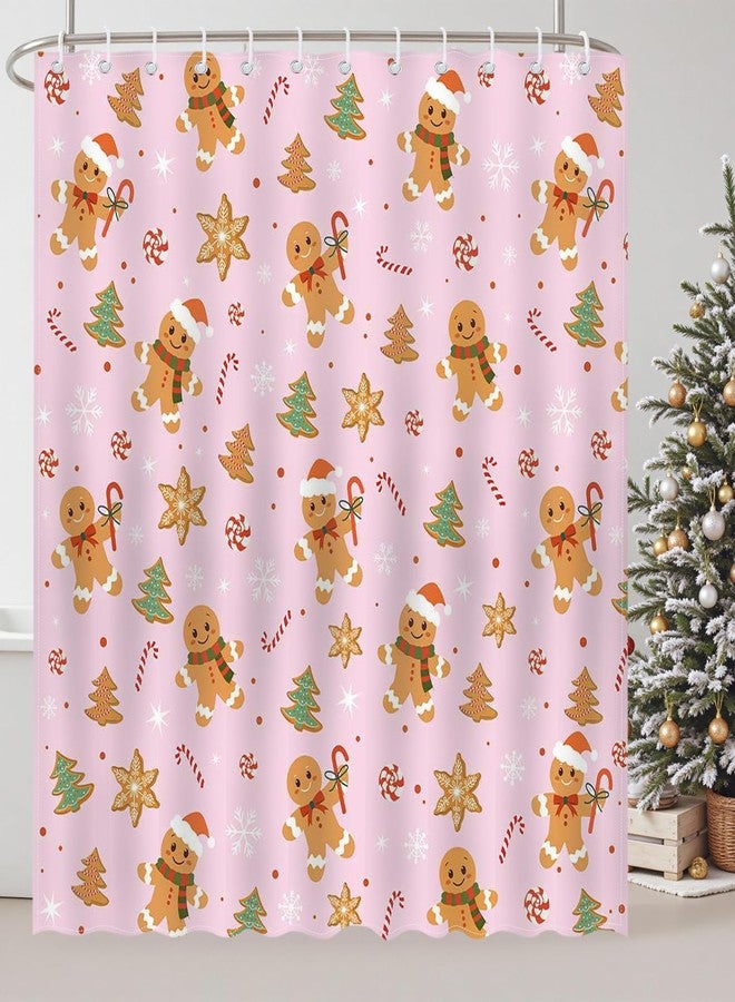 Mocsicka Pink Christmas Shower Curtain Cute Gingerbread Man Bathroom Shower Curtain Candy Cane Shower Curtains Bathtub Decor with 12 Hooks 72 X 72 Inches - Image 5