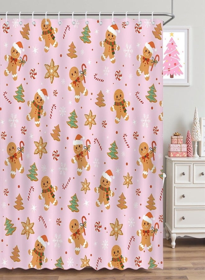 Mocsicka Pink Christmas Shower Curtain Cute Gingerbread Man Bathroom Shower Curtain Candy Cane Shower Curtains Bathtub Decor with 12 Hooks 72 X 72 Inches - Image 1