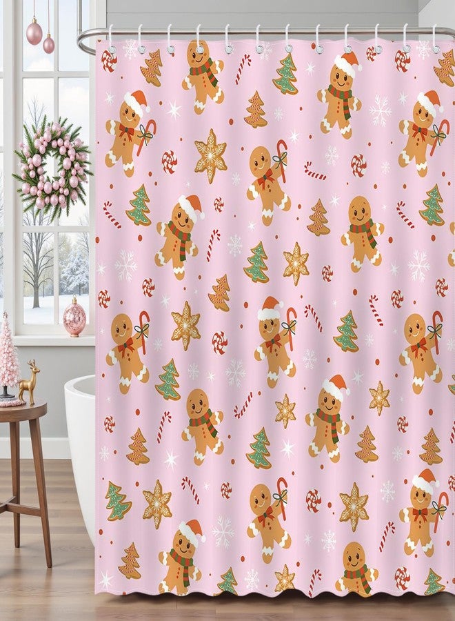 Mocsicka Pink Christmas Shower Curtain Cute Gingerbread Man Bathroom Shower Curtain Candy Cane Shower Curtains Bathtub Decor with 12 Hooks 72 X 72 Inches - Image 2