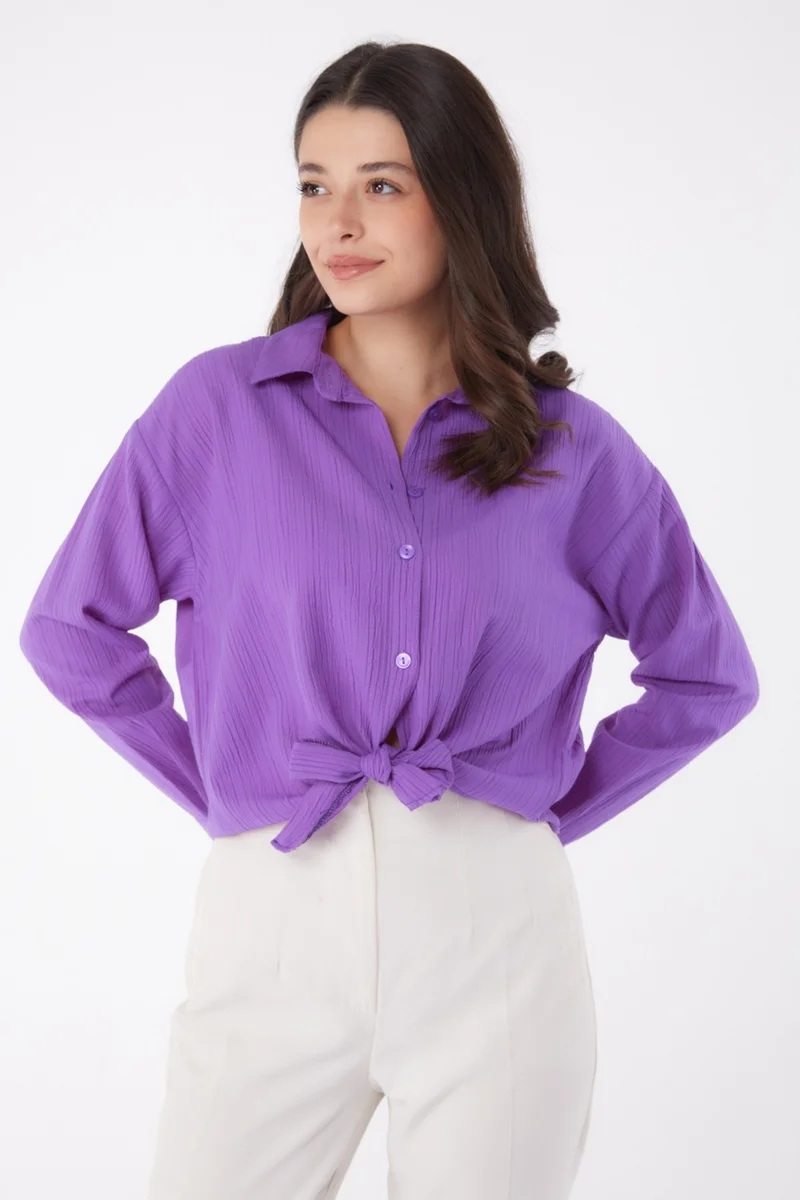 Tofisa Plain Shirt Collar Women Purple Puket Tied Shirt - 26067