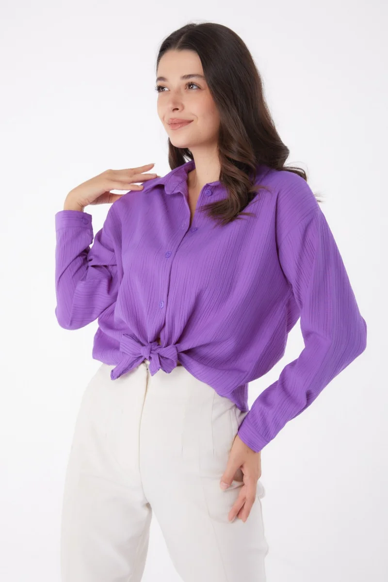 Tofisa Plain Shirt Collar Women Purple Puket Tied Shirt - 26067