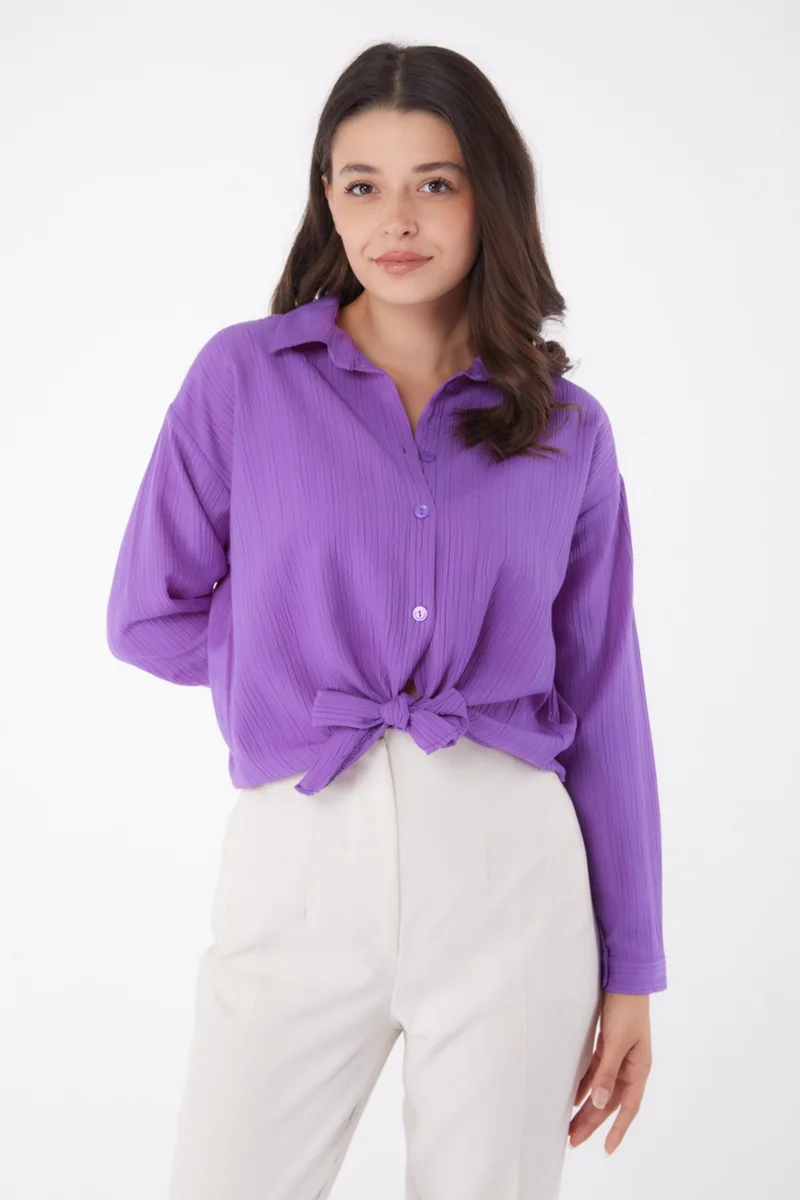 Tofisa Plain Shirt Collar Women Purple Puket Tied Shirt - 26067