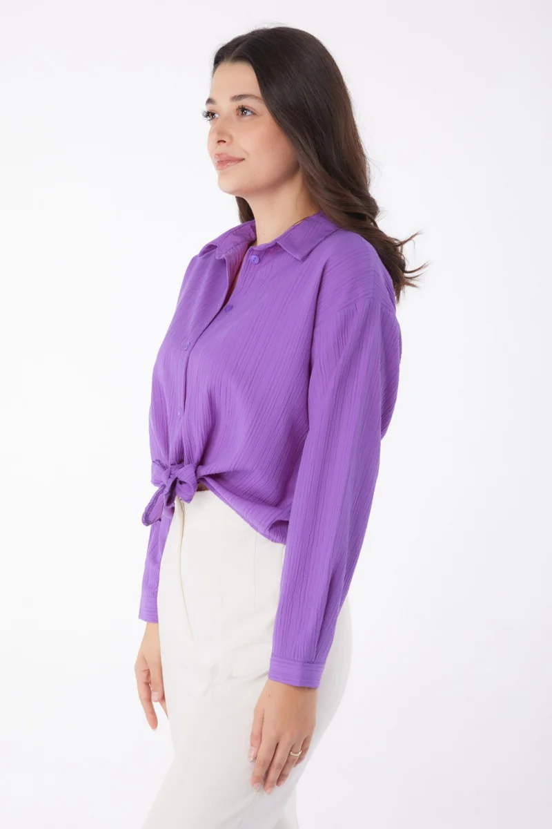 Tofisa Plain Shirt Collar Women Purple Puket Tied Shirt - 26067