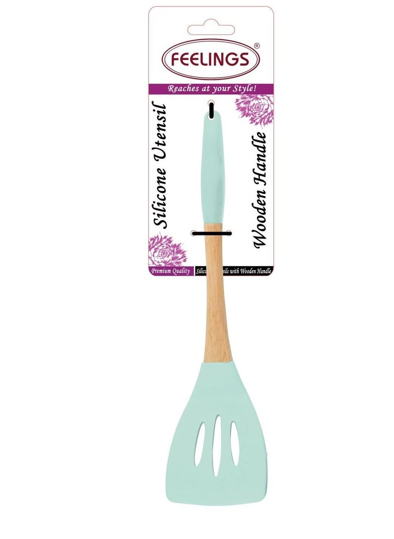 Feelings Silicone Slotted Turner with Rubber Wood Handle Green color 33cm  - Image 1