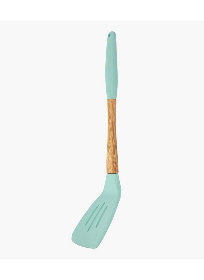 Feelings Silicone Slotted Turner with Rubber Wood Handle Green color 33cm  - Image 2
