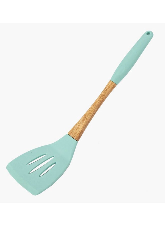 Feelings Silicone Slotted Turner with Rubber Wood Handle Green color 33cm  - Image 3