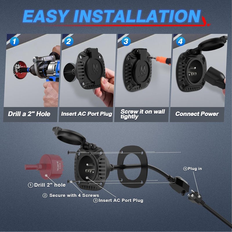 MICTUNING 15Amp 125V AC Port Plug with Heavy Duty Integrated 72" Extension Cord and Water-Resistant Spring-loaded Cover - Black - Image 5