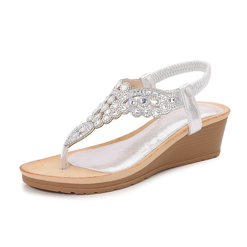 2026 Ladies Shoes Bohemian New Fashion Rhinestone Sandals Korean Style Thick-Soled Wedge Women''s Shoes - Image 1
