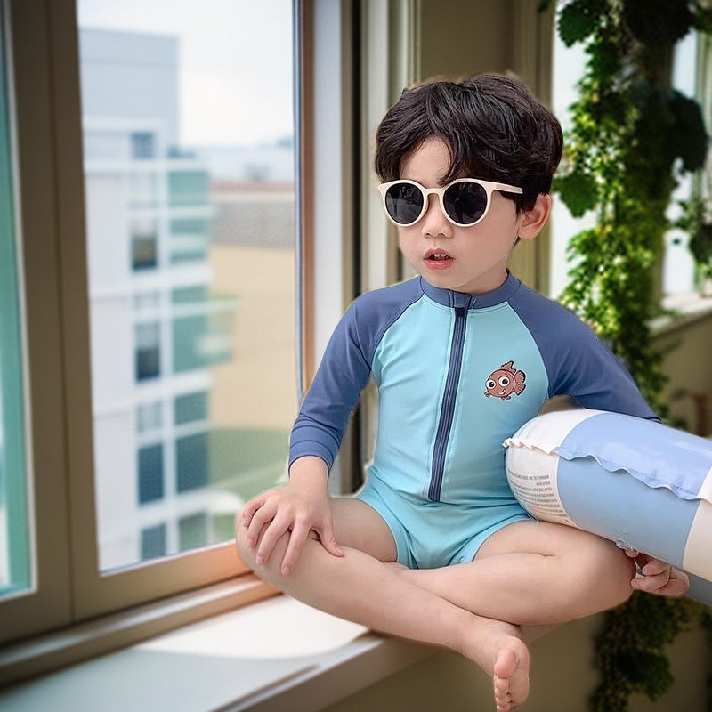Generic Boys Swimsuit Summer Kidsrens Long-Sleeved Swimsuit Summer Boy Summer New Beach Wear Baby One-Piece Swimsuit Little goldfish gives hat